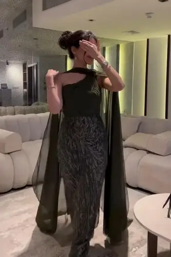 فستان زيتي جورجيت مع كلفه شك راقيه