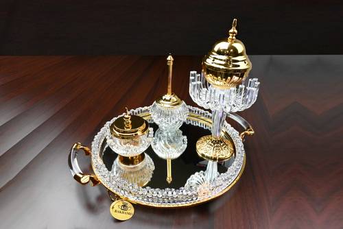 طقم تبسي ومبخرة دائراي اكريلك ذهبي 
