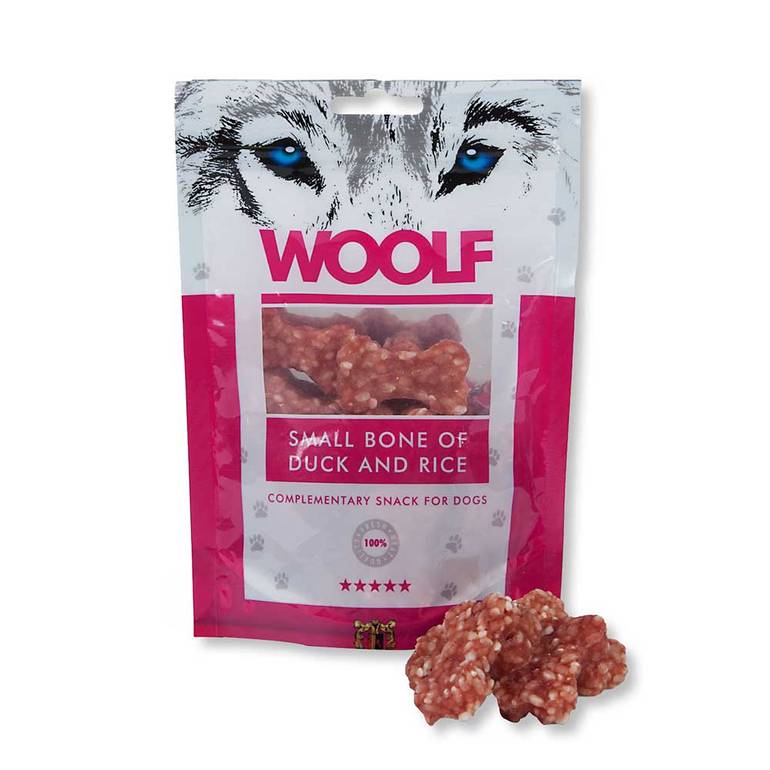 وولف مكافآت عظام صغيرة بط وأرز للكلاب 100جم Woolf Small Bone of Duck & Rice Treats for Dogs 100gm W33