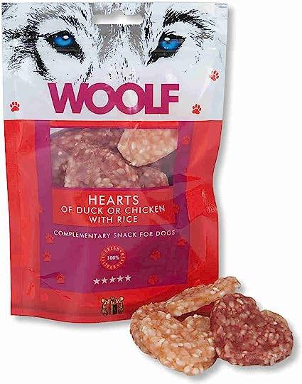  Woolf 100 g – Hearts of Duck or Chicken with Rice وولف مكافات للكلاب على شكل قلب بالدجاج و الارز
