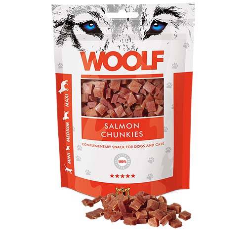 وولف مكافآت السالمون الطرية للكلاب والقطط 100جم Woolf Soft Salmon Chunkies Treats for dogs & cats 100gm W16