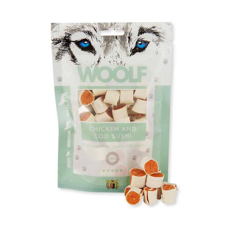 وولف مكافآت سوشي بالدجاج و سمك القد للكلاب 100جم Woolf Chicken & Cod Sushi Treats for Dogs 100gm W6