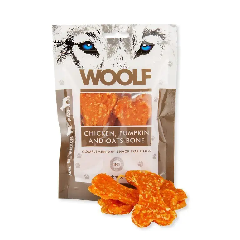 وولف مكافآت الدجاج، القرع والشوفان الطرية (عظمة) للكلاب 100جم Woolf Chicken, Pumpkin and Oats Bones Treats for dogs 100gm 