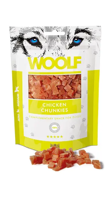 وولف مكافآت الدجاج الطرية للكلاب والقطط 100جم Woolf Soft Chicken Chunkies Treats for Dogs and Cats 100gm W8
