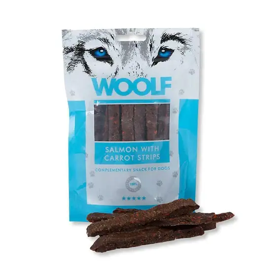 وولف مكافآت سلمون مع الجزر - شرائح للكلاب 100جم Woolf Salmon with Carrots Strips Treats for Dogs 100gm 