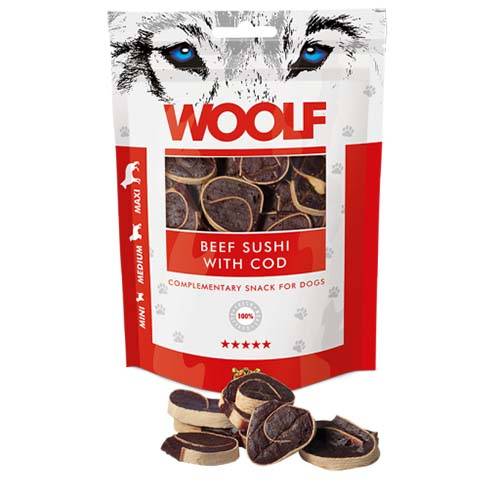 وولف مكافآت سوشي لحم بقري مع سمك القد للكلاب 100جم Woolf Beef with Cod Fish Sushi Treats for Dogs 100gm W11