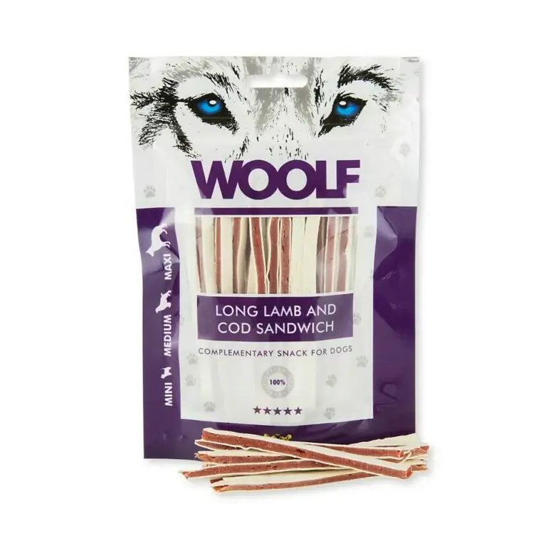 وولف مكافآت خروف و سمك القد للكلاب 100جم Woolf Long Lamb & Cod Sandwich Treats for Dogs 100gm W22