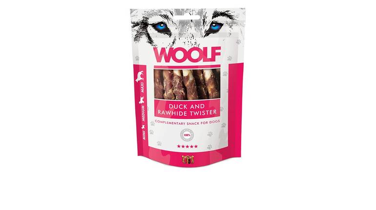 وولف مكافآت البط المغطى بالجلد للكلاب 100جم Woolf Duck and Rawhide Twister Treats for dogs 100gm