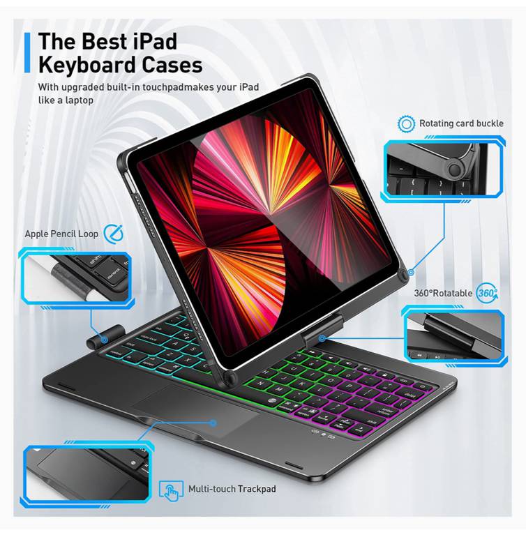 wiwu - كفر مع لوحة مفاتيح لجهاز ipad pro مقاس 11 بوصة ، أيباد آير 4/5 مقاس 10.9 بوصة (2018/2020)- أسود 