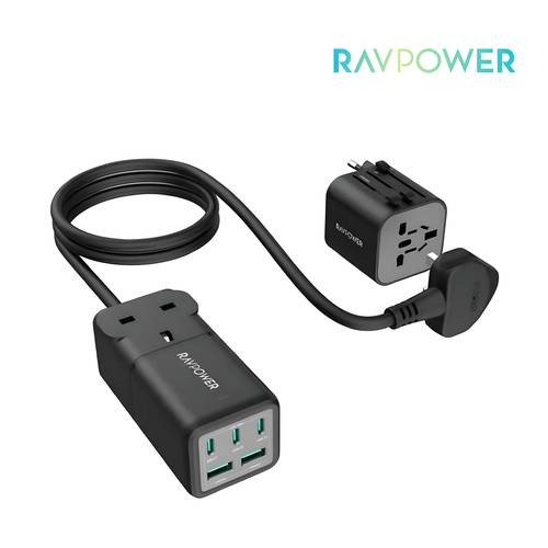 منصة شحن راف باور 75 واط ثلاث منافذ تايب سي ومنفذين USB ومنفذ طاقة مع فيش سفر متعدد المداخل