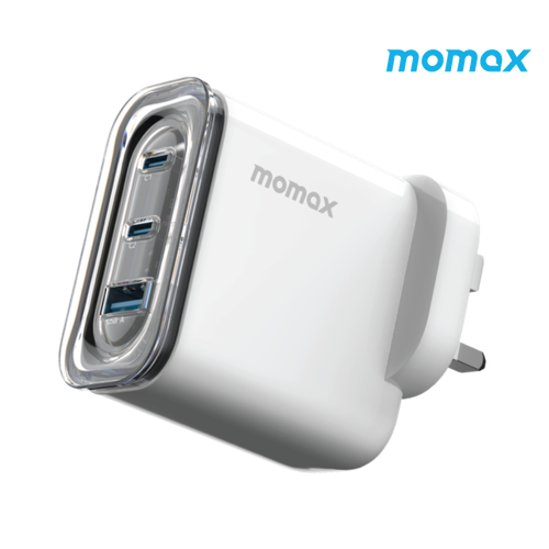 شاحن جداري موماكس Charge Flow بمنفذين USB-C بتقنية GaN ومنفذ USB وبقوة 80 واط - أبيض