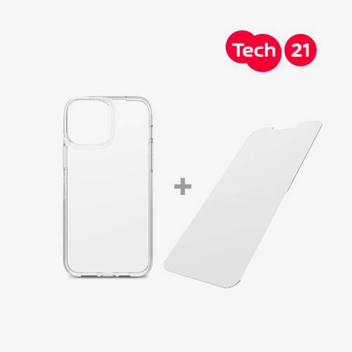 بكج Tech21 استكر زجاجي + كفر EVOCLEAR شفاف للآيفون 13 