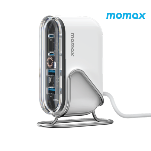 شاحن مكتبي موماكس Charge Flow بمنفذين USB-C بتقنية GaN ومنفذين USB وبقوة 80 واط - أبيض