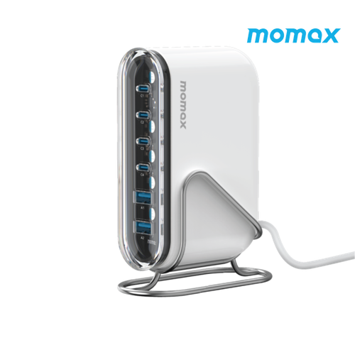 شاحن مكتبي موماكس 1 تشارج فلو بتقنية الجان بأربعة منافذ USB-C ومنفذين USB بقوة 120 واط - أبيض