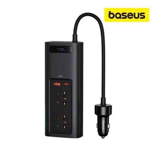توصيلة سيارة بيسوس بقوة 150 واط و220 فولت بمنفذ تايب سي ومنفذ USB ومنفذين طاقة - اسود