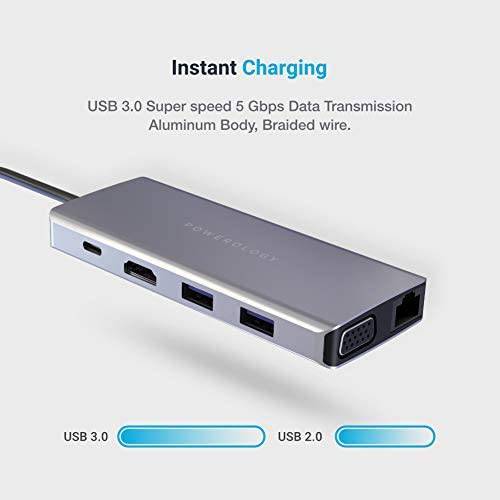 Powerology 11 in 1 USB-C Hub Ethernet HDMI VGA- 60W