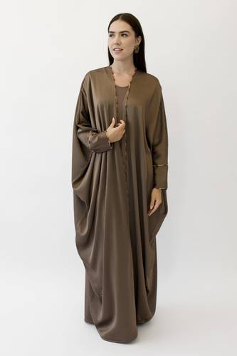 Beaded Dark Beige Silk Crepe