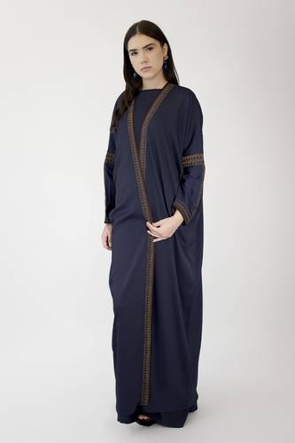 Embroidered Silk Crepe Navy