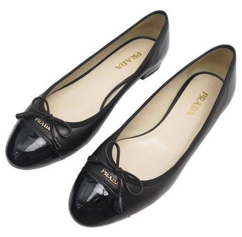 PRADA LOGO AND BOW BALLERINA SHOES BLACK LEATHER SHOES
