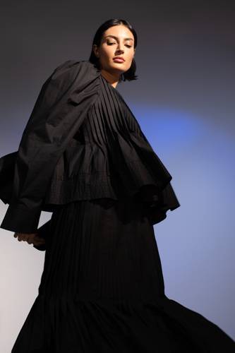 shirt and black skirt