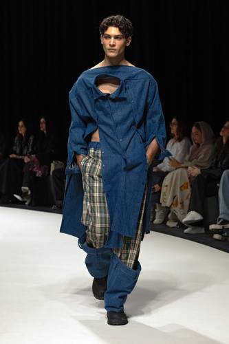 Asymmetrical Denim Shirt With Checkered Pants