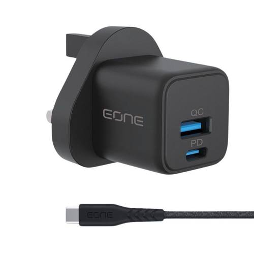 فيش جداري 20 واط منفذين USB+PD مع كابل تايب سي C من EONE - أسود