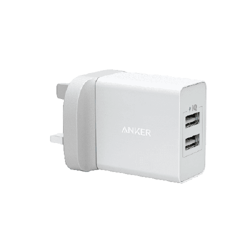 شاحن جداري انكر 24 واط بمنفذين USB للشحن - ابيض