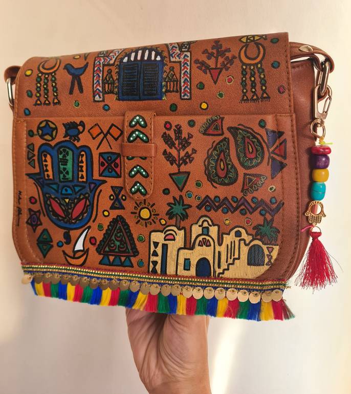 Handpainted genuine leather crossbody with Nubian design 