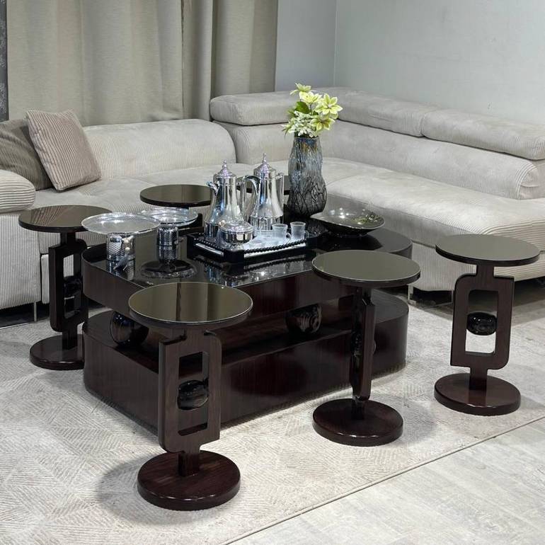 طقم طاولات خشب سنديان سطح مرايه 7قطع