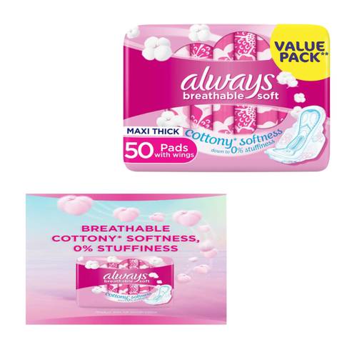 Always Maxi Thick Soft Cotton Sanitary Pads with Wings, 50 Count