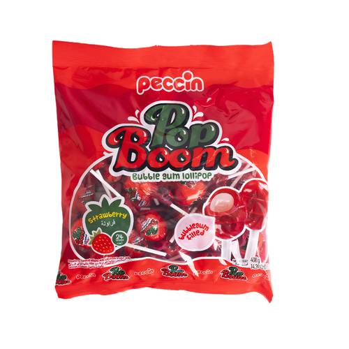 Pop Boom Strawberry Flavored Lollipop With Gum 24 PC * 408 G
