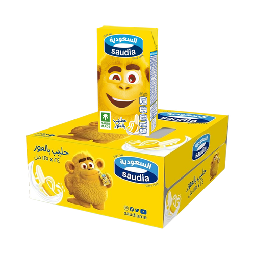 Saudia banana flavored milk 125 ml, 24 packs in a carton