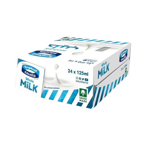 Saudia full fat milk 125 ml, 24 packages in a carton