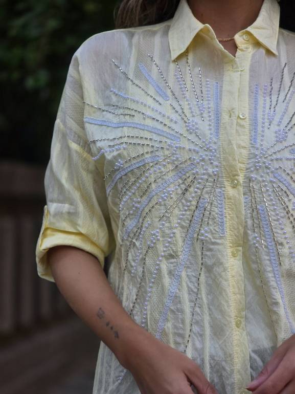 Yellow linen pearl embroidered shirt