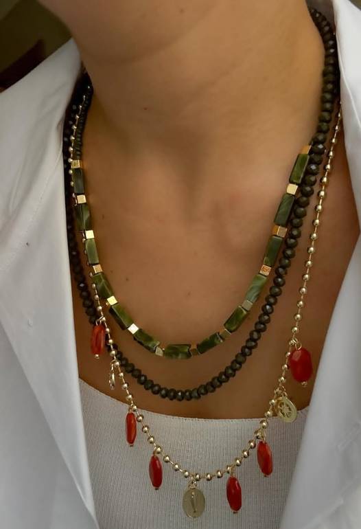 Layered Necklace With Green, Black and Red Beads 