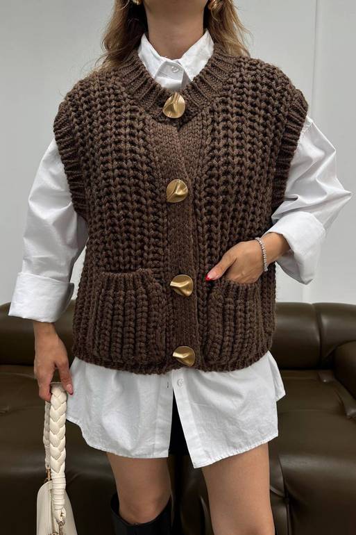 Brown Triko Vest with Gold Buttons 