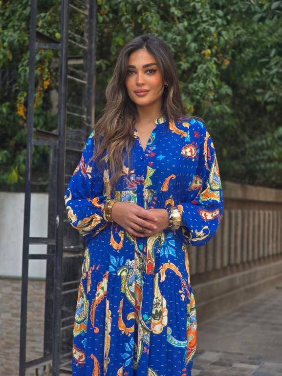 Royal blue multicolour dress with gold shimmer
