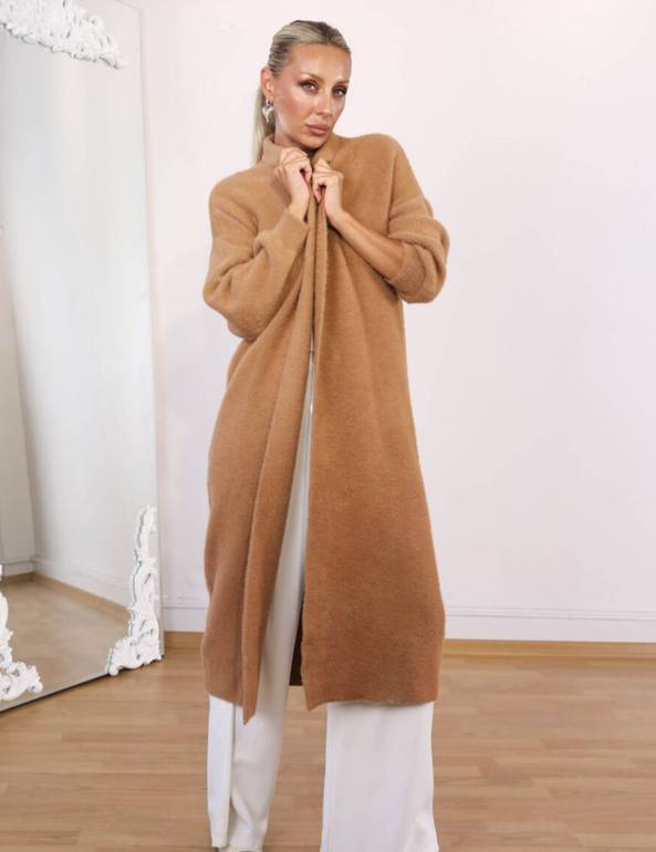 Long Open Camel Mohair Cardigan 
