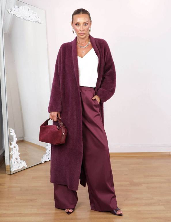Long Open Burgundy Mohair Cardigan 
