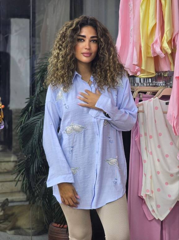 Baby blue Umbrella embroidered linen shirt 🌂 