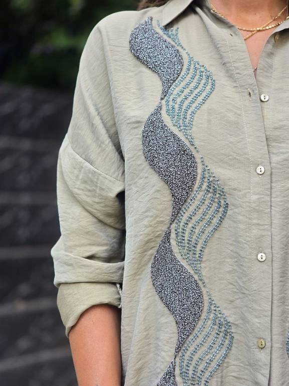 Olive embroidered linen shirt