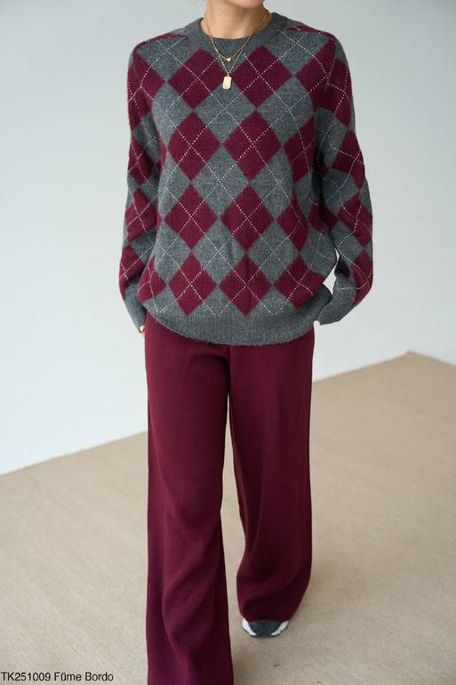 Grey Burgundy Argyle Pullover 