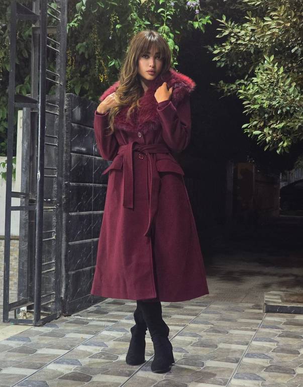 Burgundy fur wool coat with side pockets and belt
