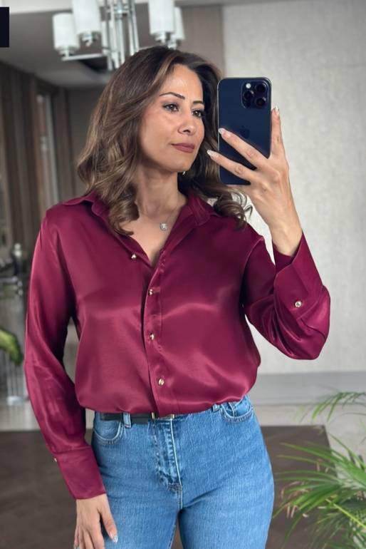 Burgundy satin shirt with gold buttons 