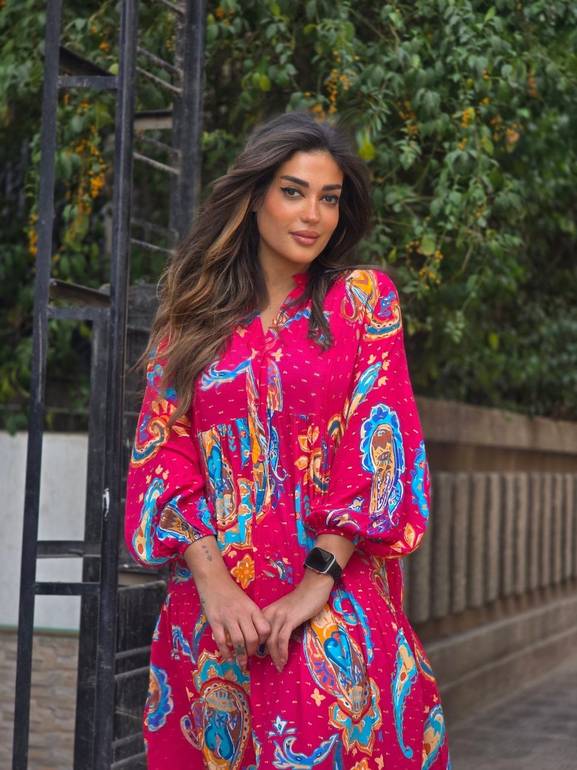 Fushia multicolour dress with gold shimmer