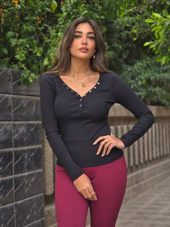 Black Basic Top With Silver Buttons 
