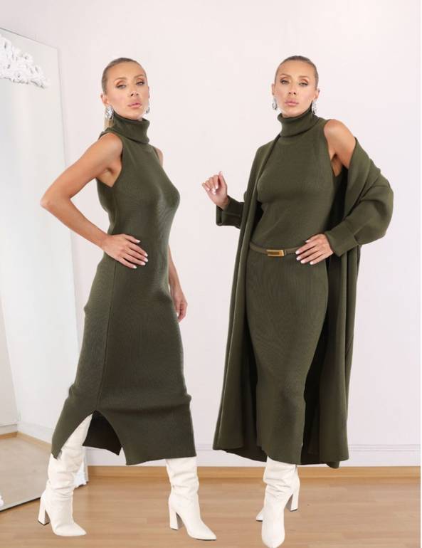 Olive Triko Dress And Cardigan (Set of 2 pieces)