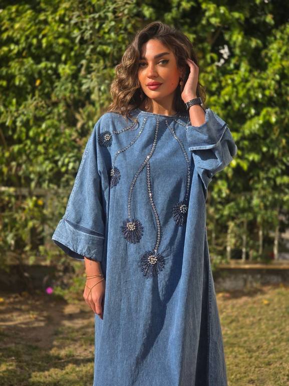 Denim dress with beads 
