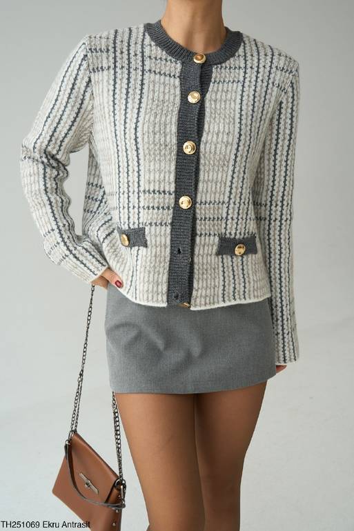 Grey Wool Cardigan with Gold Buttons 