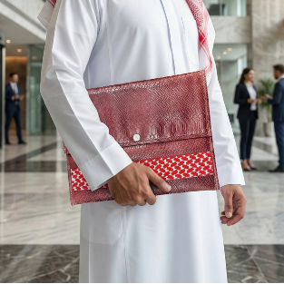 حقيبة آيباد ولابتوب فاخرة بالجلد المعاد تدويره باللون الأحمر الغامق مزينة الشماغ الأحمر